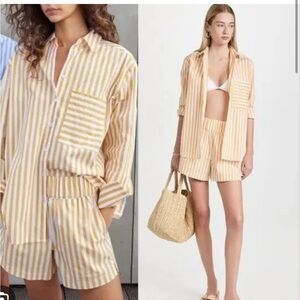☀️ AYR “The Deep End” Button-Down Shirt – Mac & Cheese Yellow Stripe French fry